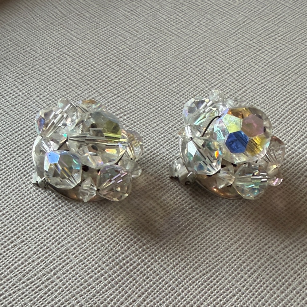 Vintage Crystal Aurora Borealis Cluster Clip-On Earrings